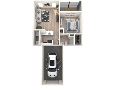 a 3d rendering of a car parked inside a house